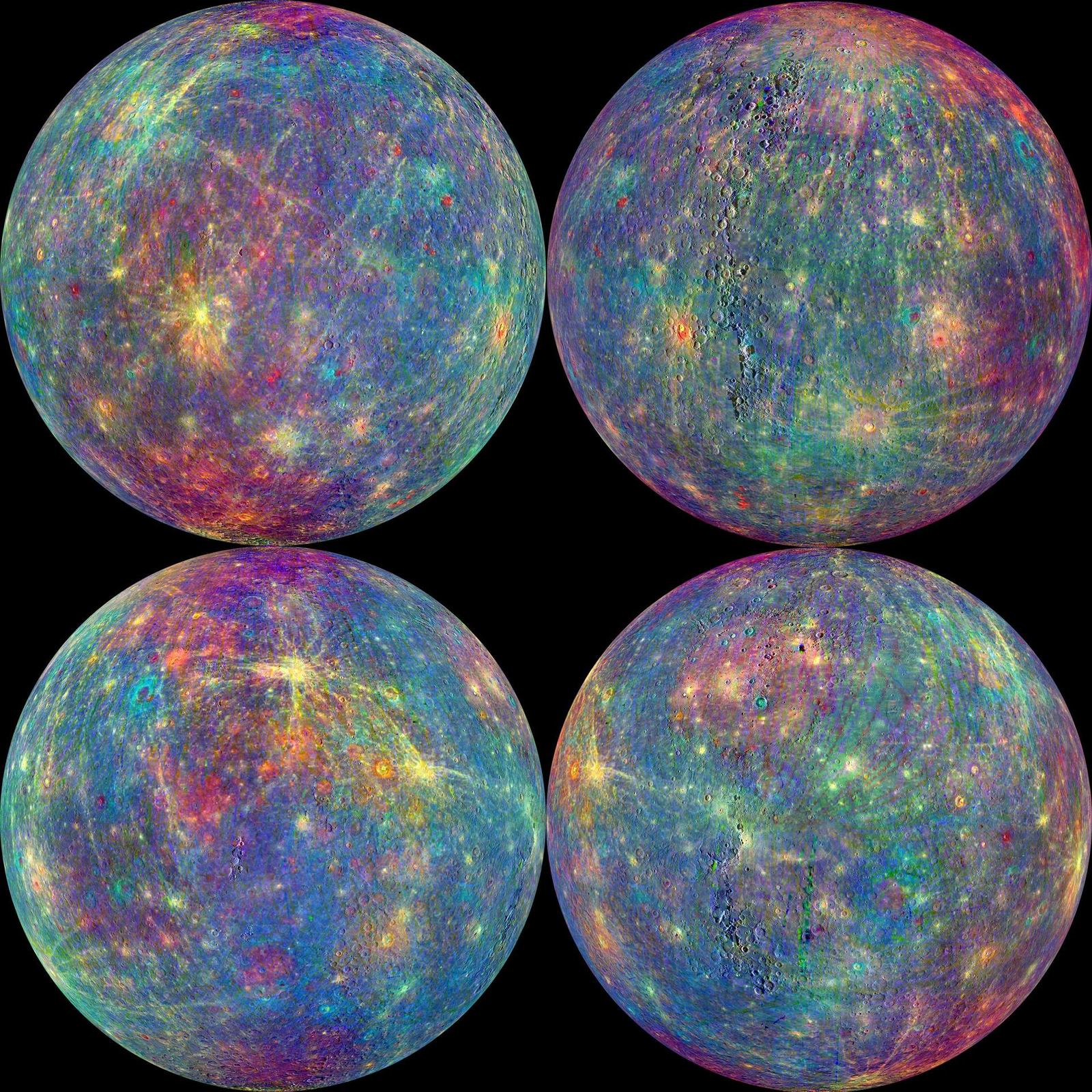 Mercury shown in vivid enhanced colors of blue, tan and orange that reveal differences in its surface rocks